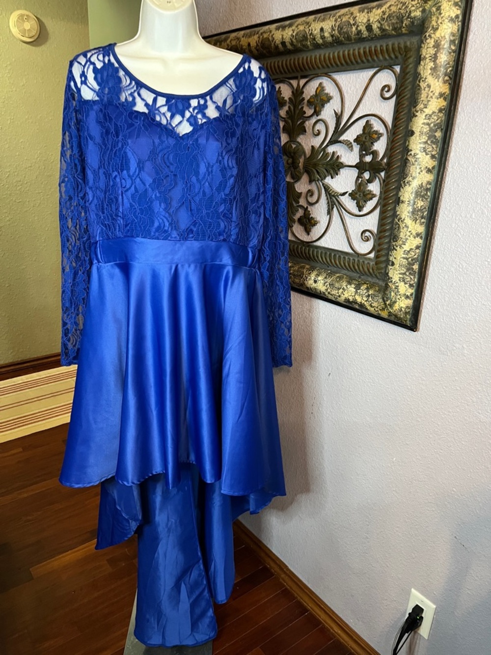 Vintage Royal Blue Lace Overlay Formal Dress- Hi / Low Hem Sz L/XL